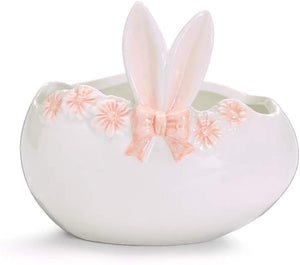 6-Inch White Egg-Shape Bunny Ears Decorative Ceramic Bowl – Easter Candy Dish Table Decoration – Spring Home Decor