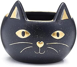4-Inch Ceramic Black Cat Head Shaped Planter Pot with Gold Accents and Cute Heart Nose