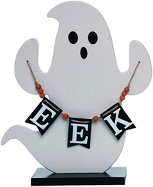 Rustic Wood Black and White Ghost Tabletop Halloween Sign Holding Banner with Eek Saying