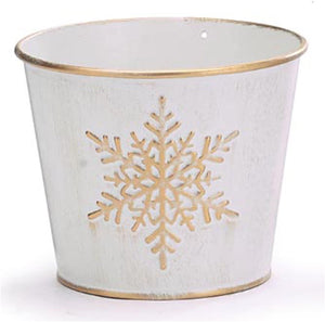 4-Inch Distressed White Tin Metal Plant Pot Cover w/Gold Embossed Snowflake – Indoor Outdoor Christmas Xmas Planter – Decorative Flower Succulent Holder Winter Home Decor