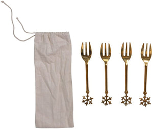 Set of 4 Elegant 5.5-Inch Brass Gold Cocktail Forks with Snowflake Handle in Bag - Decorative Christmas Utensils for Dessert Salad Appetizers - Mini Festive Flatware Silverware