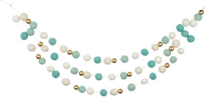 8 Foot Ivory and Mint Blue Wool Felt Ball Pom Pom Garland with Gold Metallic Wood Beads – 52 Felt 1” Balls and 11 Wood Beads – Vintage Christmas Décor or Wedding Party Birthday Decoration