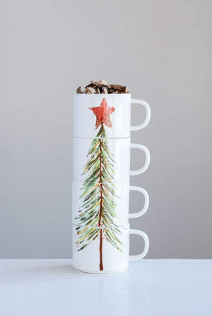 Set of 4 Stacking Holiday Mugs with Christmas Tree and Words – Decorative Tableware Coffee Cups