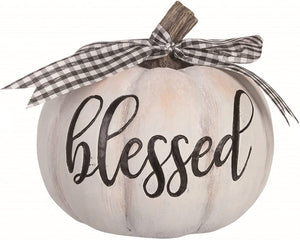 6-Inch Rustic White Pumpkin Figurine Autumn Tabletop Decoration with Black and White Check Buffalo Plaid Bow and Blessed Fall Saying - Thanksgiving Farmhouse Country Home Decor