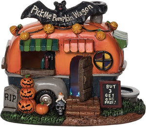 6.25-Inch Decorative Light Up Pumpkin Trailer Wagon Cart Figurine Halloween Village Scene - LED Lighted Spooky Fairy Garden House Decoration - Retro Home Decor for Mantel & Tabletop