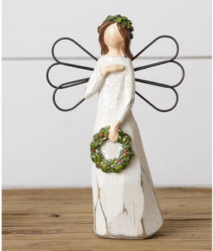 7-Inch Rustic Angel Figurine Holding Wreath with Carved Wood Look and White Glitter Finish - Christmas Table, Mantel, Office Desk Decoration - Country Farmhouse Religious Home Decor
