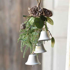 13-Inch Rustic Hanging Decorative Artificial Eucalyptus Plant with Natural Pine Cones and White Metal Bells - Indoor Outdoor Country Farmhouse Decoration Christmas Holiday Home Decor