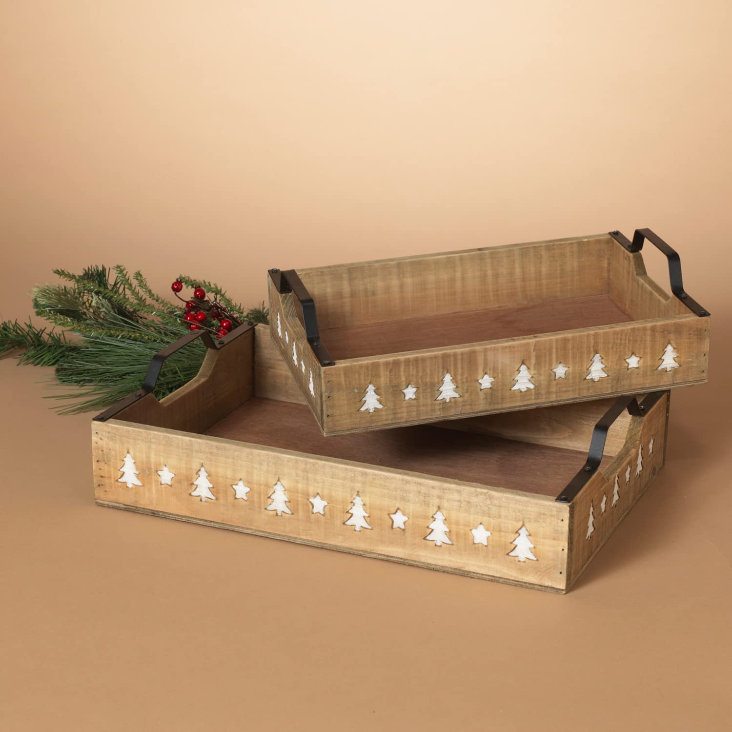 Set of 2 16-inch Nested Wood Trays w/Metal Handles and Christmas Trees -  One Holiday Way