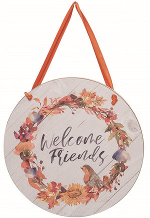9-Inch Rustic Hanging Wooden Welcome Friends Fall Sign with Colorful Wreath Design