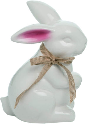 Rustic Ceramic Standing White Bunny Figurine with Burlap Bow – Tabletop Easter Decoration – Spring Home Decor