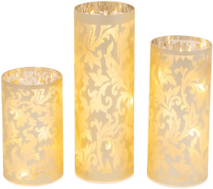 Elegant 10-Inch Set of 3 Warm White Light Up Glass Holiday Luminaries w/Floral Damask Pattern – Decorative Flameless LED Candle Decoration – Christmas Winter Xmas Tabletop Home Decor