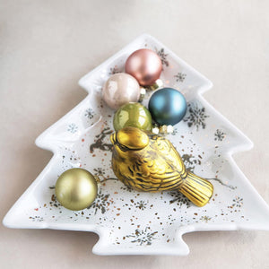 9.5-Inch White, Silver and Gold Hand-Stamped Stoneware Christmas Tree Shaped Plate with Snowflake Pattern, Santa Sleigh, Reindeer Design - Decorative Party Dish Tray Tableware