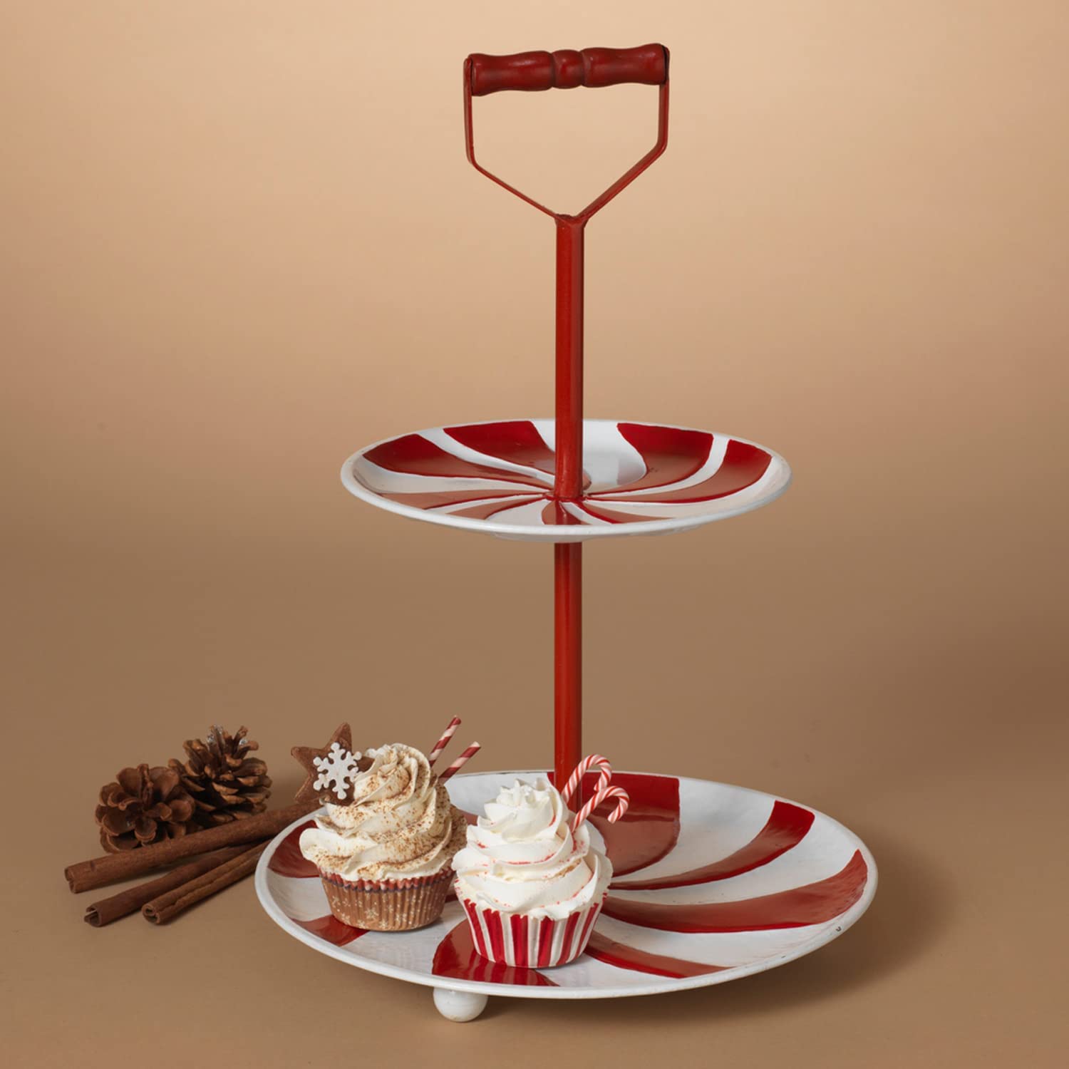 17-Inch Metal Two Tiered Red & White Candy Cane Christmas Serving Tray -  One Holiday Way