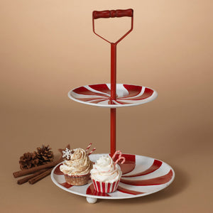 17-Inch Metal Two Tiered Red & White Candy Cane Christmas Serving Tray w/Handle – Decorative Cupcake Stand Serveware Party Platter Decoration – Winter Xmas Kitchen Dining Home Decor