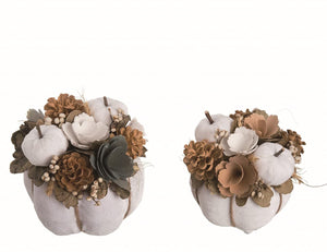 Set of 2 Wood Curl Fall Faux Flower Arrangements with Pine Cones, Berry Accents and White Pumpkin Bases