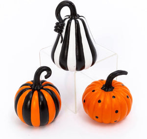Set of 3 4-Inch Elegant Orange, Black, White Striped and Polka Dot Decorative Halloween Fall Faux Pumpkin Figurines