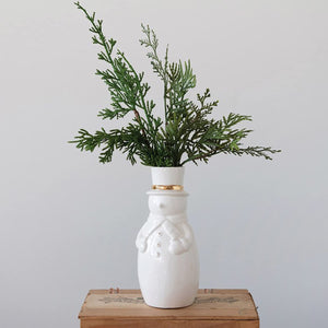 8-Inch Decorative White Stoneware Snowman Flower Vase with Gold Accents - Elegant Winter Christmas Mantel Table Desk Decoration - Neutral Party Festive Rustic Plant Holder Home Decor