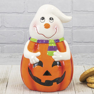 9.75-Inch Fun Ghost Jack-O-Lantern Ceramic Cookie Jar or Decorative Candy Dish with Lid - Halloween Pumpkin Tabletop Storage Decoration - Fall Office, Home and Kitchen Decor