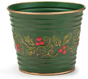 4-Inch Small Green Metal Tin Christmas Decorative Colorful Holly and Berry Indoor Outdoor Flower Plant Pot Cover - Planter Bucket Pail Container with Gold Trim Home Decor Decorations