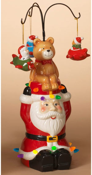 15-Inch Animated Ceramic LED Light Up Christmas Santa and Teddy Bear Figurine w/ Rotating Ornaments - Lighted Xmas Home Decor - Antique, Retro, Vintage Tabletop Decoration