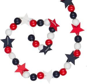 9 Foot Decorative Red White and Blue Wood Bead Garland with Wooden Stars – Vintage Patriotic July 4th Decoration Rustic Americana Home Décor