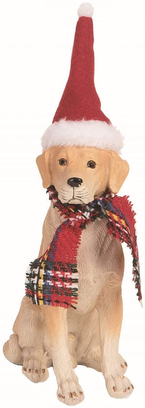 6.5-Inch Christmas Golden Retriever Dog Figurine w/ Plaid Scarf and Santa Hat – Small Decorative Xmas Puppy Figure Tabletop Mantel Shelf Decoration – Charming Classic Winter Home Decor