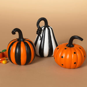 Set of 3 4-Inch Elegant Orange, Black, White Striped and Polka Dot Decorative Halloween Fall Faux Pumpkin Figurines