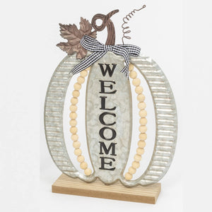 14-Inch Corrugated Metal and Wood Fall Pumpkin Standing Tabletop Welcome Sign with Wooden Bead Accents