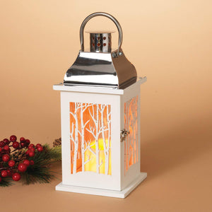 White Christmas Lantern with Winter Woods Scene and LED Candle with Timer - Tabletop Holiday Decoration