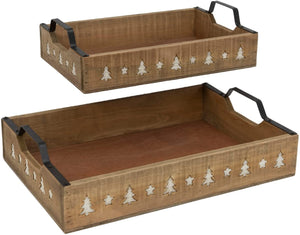 Set of 2 16-inch Nested Wood Trays w/Metal Handles and Christmas Trees – Decorative Rustic Wooden Nesting Serving Storage Decoration – Xmas Dinner Party Serveware Kitchen Home Decor