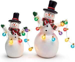Set of 2 Small 6-Inch and 8-Inch Light Up LED Cute Decorative Snowman Figurines with Mini Christmas Lights - Collectible Xmas Figure Decorations Indoor Lighted Tabletop Home Decor