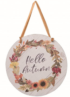 9-Inch Rustic Hanging Wooden Hello Autumn Fall Welcome Sign with Colorful Wreath Design