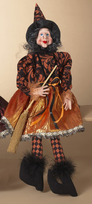 Sitting Witch 21-Inch Doll in Metallic Orange Dress with Broom - Halloween Shelf Sitter Decoration