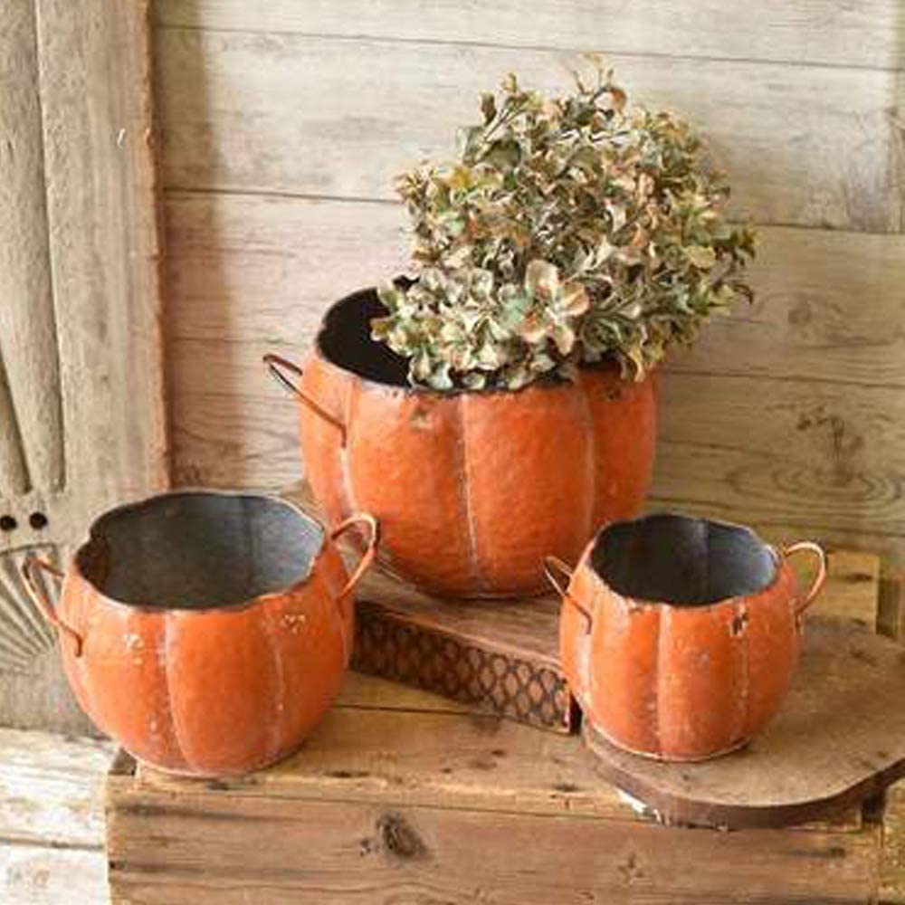 country plant pots Set of 3 Rustic Orange Metal Pumpkin Shaped Planters with Handles – Country Harvest Decorative Flower Pots