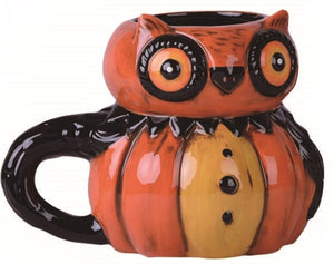 Vintage Halloween or Fall Owl Character Pumpkin Shape Ceramic Coffee Mug Cup Tableware