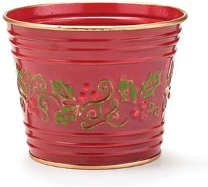 4-Inch Small Red Metal Tin Christmas Decorative Colorful Holly and Berry Indoor Outdoor Flower Plant Pot Cover - Planter Bucket Pail Container with Gold Trim Home Decor Decorations