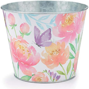 6-inch Floral Galvanized Metal Tin Plant Pot Cover with Spring Flowers and Butterfly Accent – Indoor Outdoor Planter Decoration – Garden, Window, Desk Home Decor