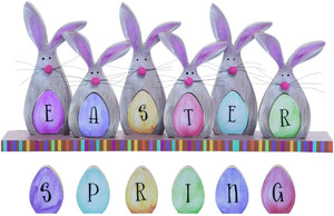 Wood Bunny Spring Easter Sign with Set of 6 Reversible Egg Letters – Tabletop Home Decor – Mantle, Desk, End Table Decoration