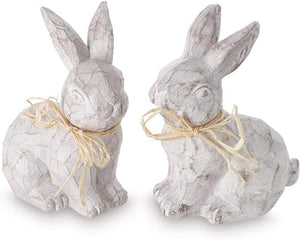Set of 2 Distressed White Easter Bunny Figurines with Raffia Bows – Tabletop Spring Decoration