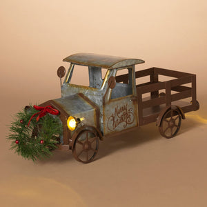 14-Inch Lighted Vintage Metal Truck w/ Mini Christmas Wreath – Decorative LED Light Up Tabletop Figurine Decoration – Rustic Country Farmhouse Winter Xmas Mantel Shelf Home Decor