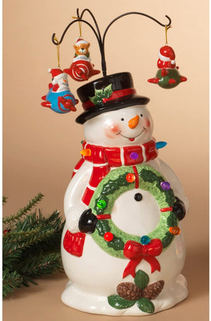 15-Inch Animated Ceramic LED Light Up Christmas Snowman Figurine w/ Rotating Ornaments - Lighted Xmas Home Decor - Antique, Retro, Vintage Moving Tabletop Winter Decoration
