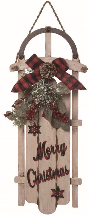 20-Inch Rustic Vintage Hanging Wooden Decorative White Christmas Sled Sign w/ Pinecone, Red Berries, Plaid Bow - Xmas Ornament Toboggan Decoration Front Door Wall Art Hanger Home Decor