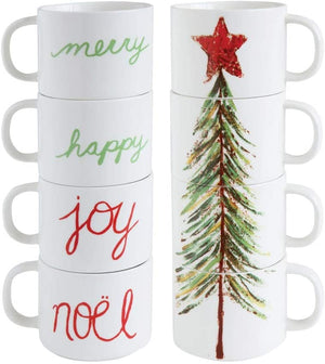 Set of 4 Stacking Holiday Mugs with Christmas Tree and Words – Decorative Tableware Coffee Cups