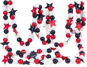 9 Foot Decorative Red White and Blue Wood Bead Garland with Wooden Stars – Vintage Patriotic July 4th Decoration Rustic Americana Home Décor