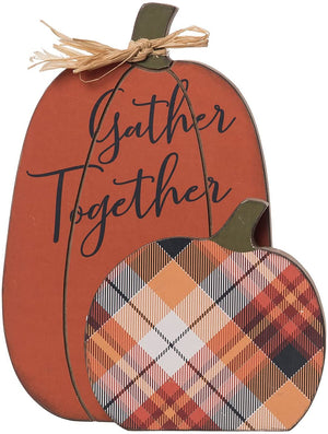 Rustic Orange Wooden Plaid Pumpkin Fall "Gather Together" Tabletop Sign