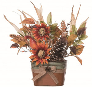 Rustic Red Sunflower, Pine Cone and Fall Leaves Floral Arrangement in Decorative Flower Pot