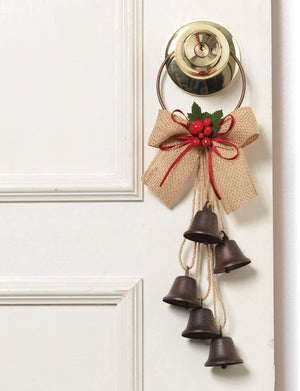 12.5-Inch Decorative Rustic Liberty Bell Christmas Door Knob Hanger with Burlap Ribbon and Holly Berry Accent - Indoor Outdoor Holiday Home Decor
