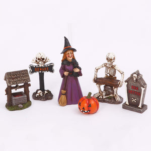 Vintage Box Set of Six Halloween Witch and Skeleton Figurines – Tabletop Halloween Decoration