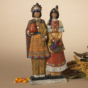 Vintage 12-Inch Native American Couple Figurine - Decorative Wood-Look Indian Thanksgiving Centerpiece