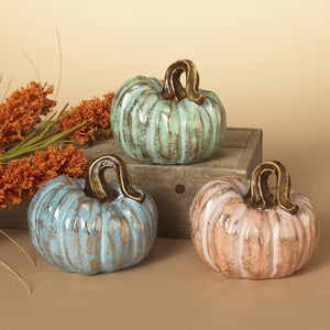 5-Inch Elegant Set of 3 Multicolor Fall Harvest Pumpkin Figurines with Distressed Metallic Finish